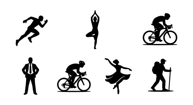 Diverse Activity Silhouettes: Running, Yoga, Cycling, Business, Ballet, Hiking Icons