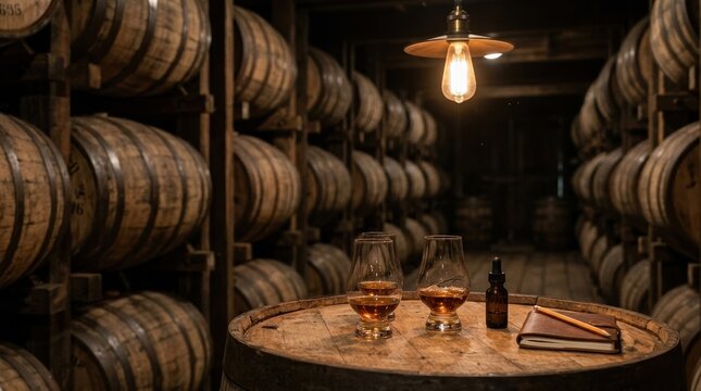 Distillery barrel cellar with whiskey glasses, amber alcohol drink tasting, wood cask liquor spirits, bourbon bar luxury beverage,