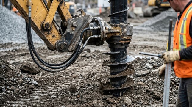 Large drill screw in soil for construction drilling and industrial engineering. Machinery close up hardware foundation