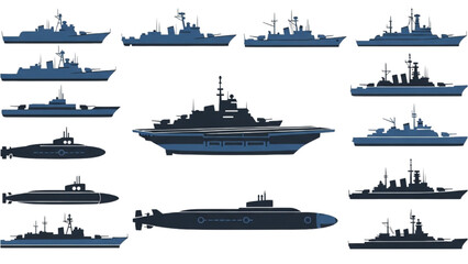 Various naval ships and submarines are displayed on a clean surface © Stock Image Paradise