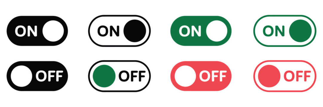 On off toggle switch icons in black green and red for digital user interface control settings and application button design, vector