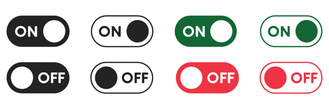 On off toggle switch icon set in black green and red colors for UI settings, power control and digital interface interaction, vector
