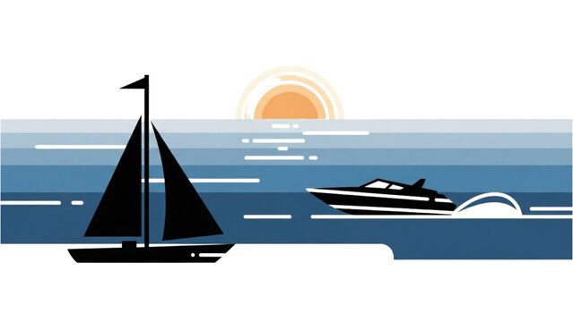 Sailing boat and speedboat on calm waters at sunset offshore