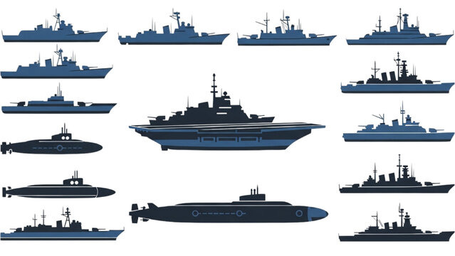 Various naval ships and submarines are displayed on a clean surface