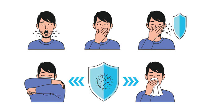 Educational health illustration showing proper hygiene practices for coughing and sneezing to prevent the spread of germs and viruses.