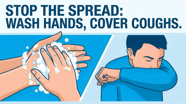 Infographic showing stop the spread by washing hands and covering coughs