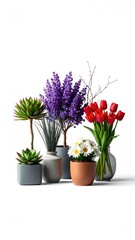 Fototapeta premium A vibrant collection of potted plants including succulents, tulips, lavender, and daisies