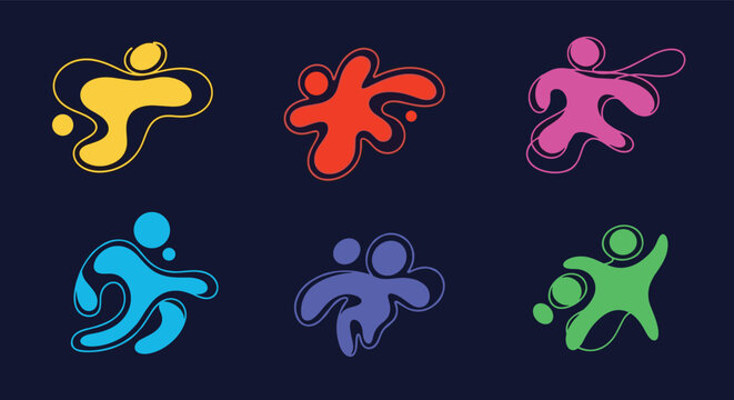 Abstract colorful logos of stylized human figures in active running and movement poses set against a dark blue background.