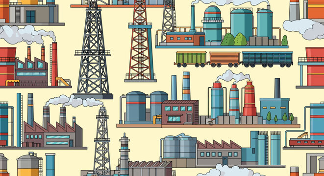 Seamless cartoon pattern design featuring various industrial factories, oil refineries, silos, and cargo train cars.
