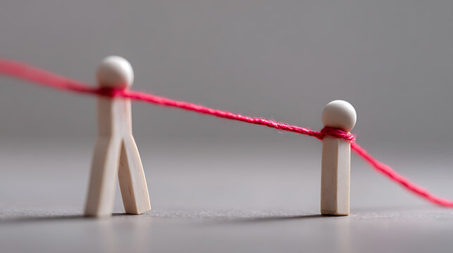 Two abstract human figures connected by a vibrant red string illustrate concepts of communication, relationship, support, and interdependence