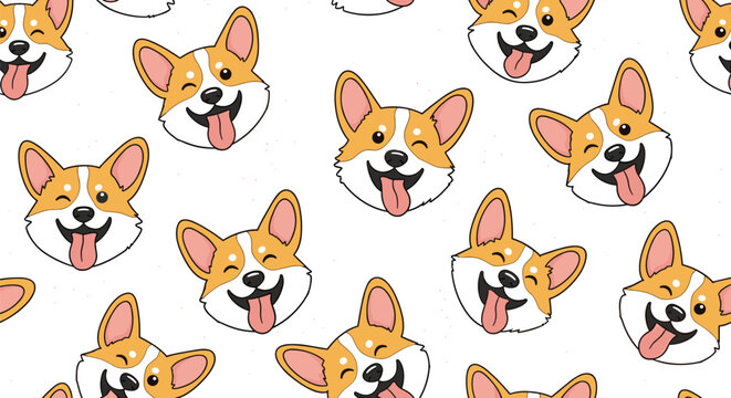 Adorable seamless pattern of happy and winking corgi dog faces with tongues out on a white background for pet lovers.