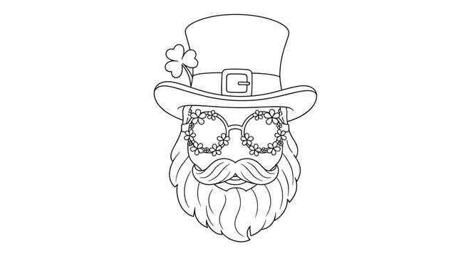 Line art of a leprechaun head wearing a top hat with a clover and decorative floral glasses for St Patrick's Day celebration.