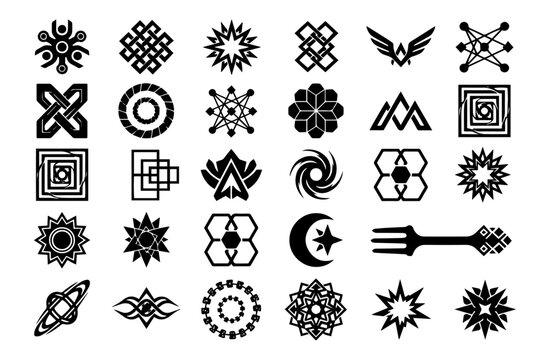 Abstract Symbol Grid Pack of 25+ Minimal Geometric Vector Icons, abstract, symbol grid, geometric symbols, minimal icons, vector icons, black symbols, 5x5 grid, icon set, futuristic design,