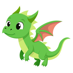 Fototapeta premium Cute green baby dragon flying isolated on white background. Cartoon fantasy creature vector illustration
