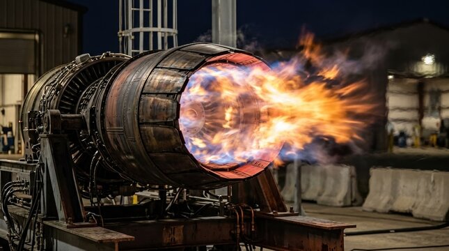 Jet engine fire exhaust closeup, aircraft turbine power aviation flame, technology motion speed industrial energy, smoke transport