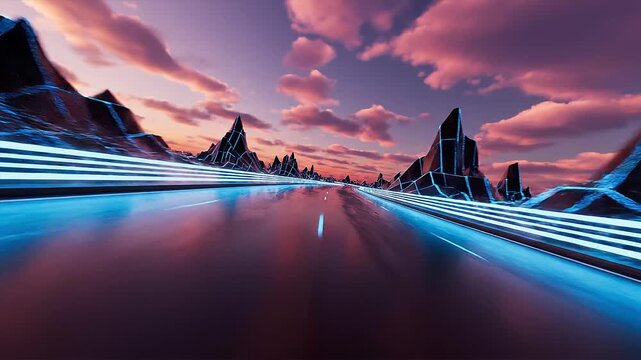 Futuristic Neon Speed Line Highway Curved Through Abstract Valley