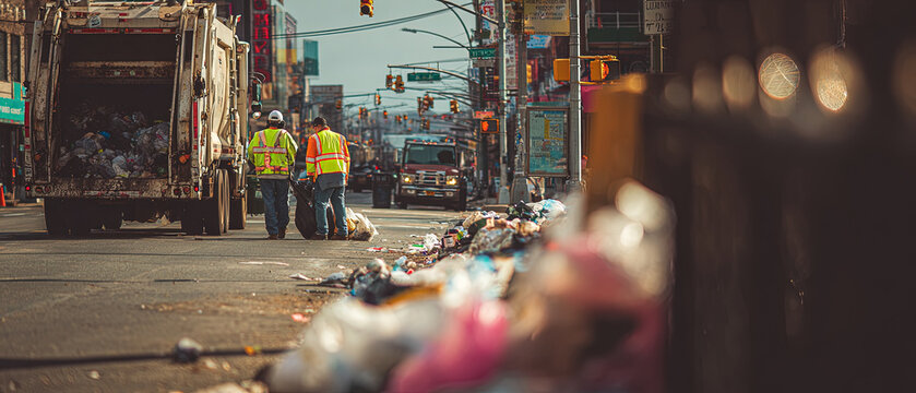 Sanitation workers in reflective vests clean a busy city street with garbage bags and a truck, highlighting urban maintenance and public service.