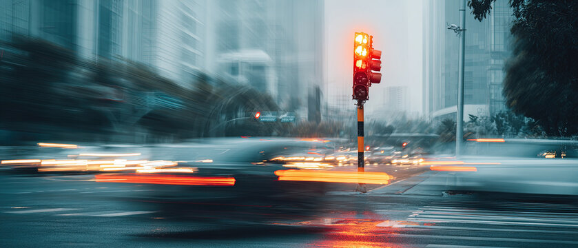 Blurry city traffic rushes through an intersection, cars speeding past a glowing red traffic light on a rainy day, capturing urban motion and energy.
