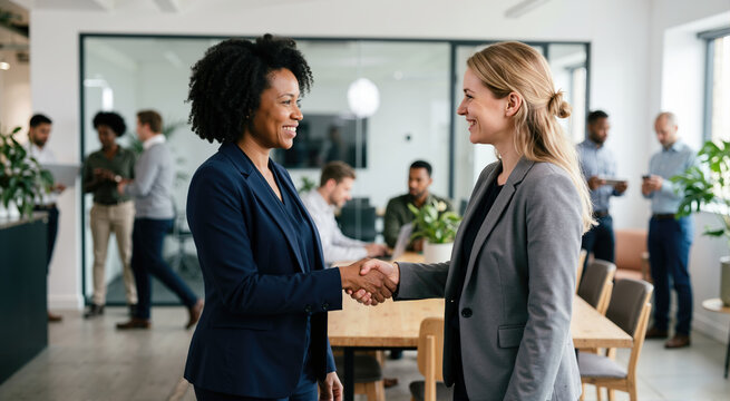 Diverse businesswomen shaking hands in a modern office. Professional Black and white female colleagues smiling. Workplace allyship and corporate equality concept