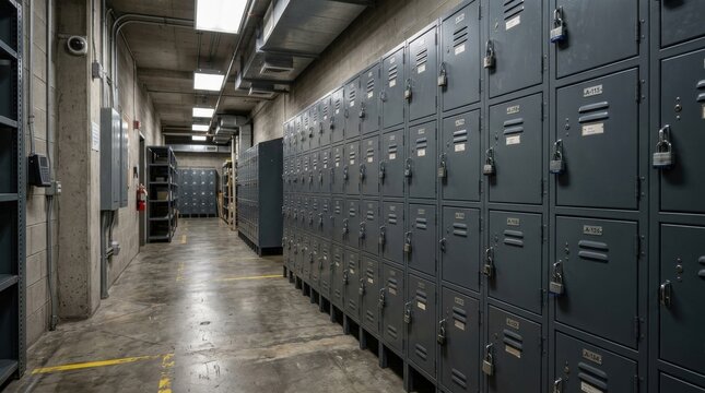 Metal archive lockers in a storage facility for industrial organization, warehouse security system with steel doors for records