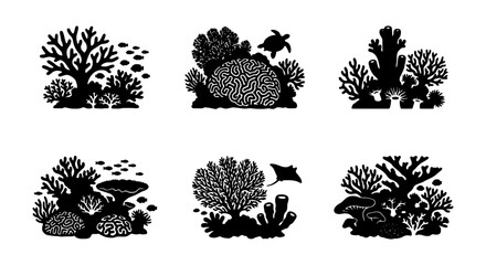 Coral Reef Silhouettes, Marine Life Icons, Underwater Ecosystem Vector Set © Maliha