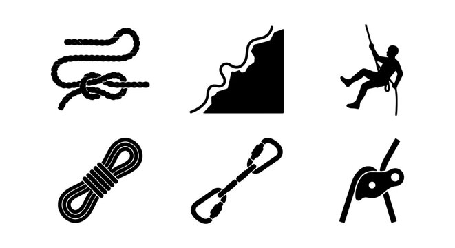 Climbing Gear Icons, Rope Knots, Carabiner, Rock Face, Silhouette Climber