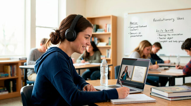 Smiling teenage student wearing headphones and watching a video lecture on a laptop. High school girl writing notes during an online class in a library. Blended learning and digital education concept