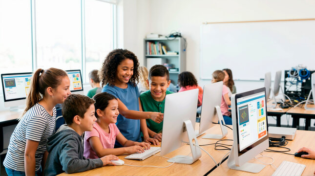 Diverse group of kids learning to code on a computer in a classroom. Elementary students collaborating on a programming project