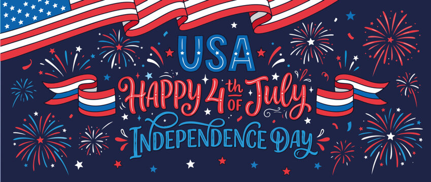 USA Happy 4th of July Independence Day banner. Hand-drawn lettering and fireworks vector illustration