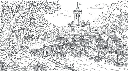 Obraz premium Medieval castle town with bridge and river landscape illustration