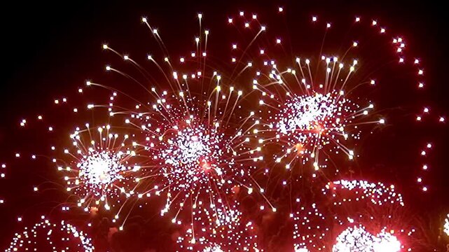 A dazzling fireworks show lights up the night sky, showcasing vibrant colors and patterns as crowds enjoy the celebration.