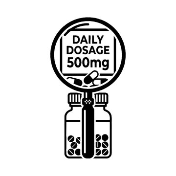 Daily dosage 500mg icon with magnifying glass and medicine bottles, a precise medical vector illustration for health information