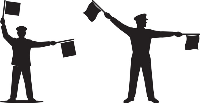 Silhouettes of two men performing flag semaphore signaling and communication illustration with white background, semaphore