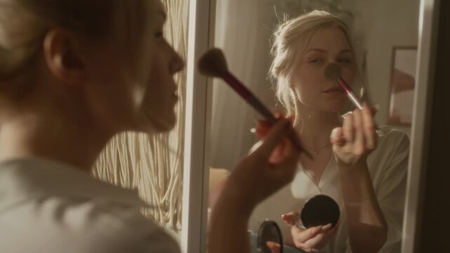 Over the shoulder view of young adult Caucasian woman blending blush on face with brush while sitting in front of mirror in morning room