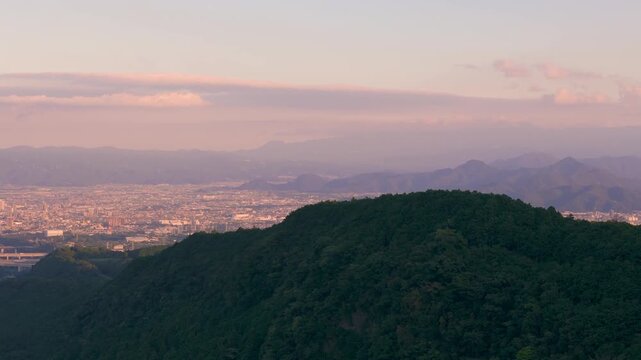 Aerial shot of Numazu city at sunset in Shizuoka prefecture, Japan