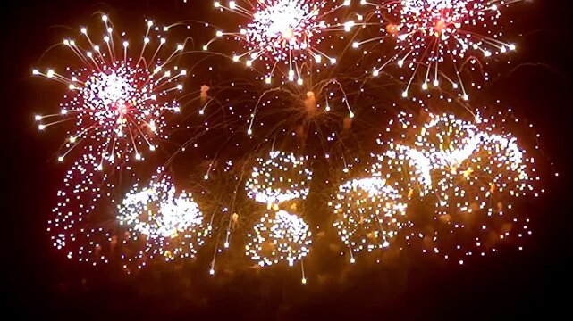 A dazzling display of fireworks lights up the night, bursting into vibrant colors and forming stunning patterns that celebrate the arrival of a new year, enchanting all who watch in awe.