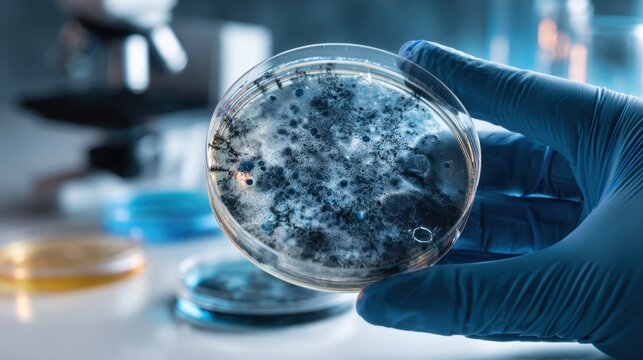 Petri dish mold contamination culture held by gloved hand for microbiology laboratory research, infection testing and science poster background