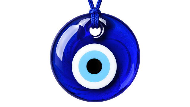 Blue evil eye nazar amulet on white background, glass protection charm pendant, traditional spiritual jewelry for good luck and safety