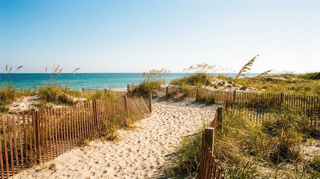 Sunny sand dune beach path through a coastline summer landscape. This nature seaside travel scene features a sandy trail under a