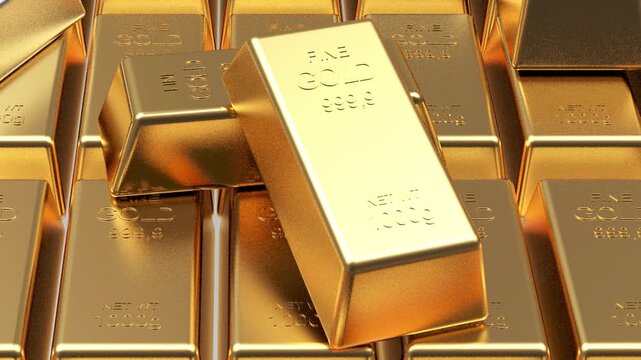 Shiny gold and silver bullion bars stacked together as the camera moves over reflective precious metal ingots in a close-up 3D render
