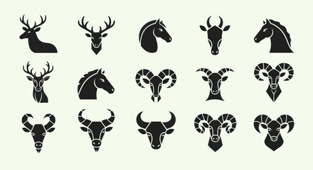 Fototapeta premium Animal Head Silhouettes: Deer, Horse, Ram, Goat, Bull Icons