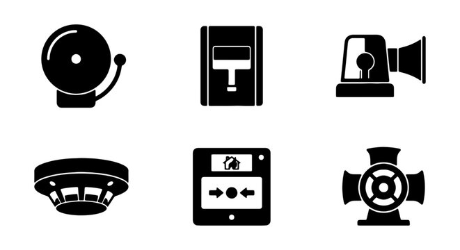 Fire Safety Icons: Alarm Bell, Smoke Detector, Sprinkler Valve, Siren, Control Panel