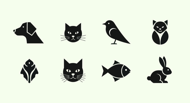 Animal Icons Set: Dog, Cat, Bird, Fox, Rose, Fish, Rabbit - Vector Graphics