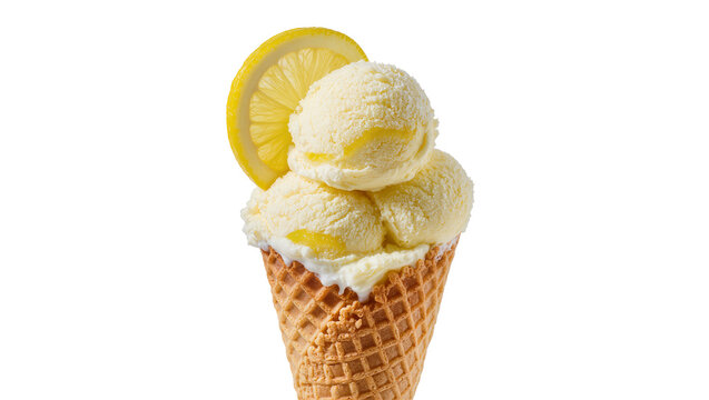 Creamy lemon ice cream scoops in waffle cone with lemon slice, isolated on transparent background
