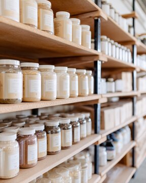 Apothecary style shelves filled with labeled glass jars of natural ingredients for herbal product packaging design and shop background