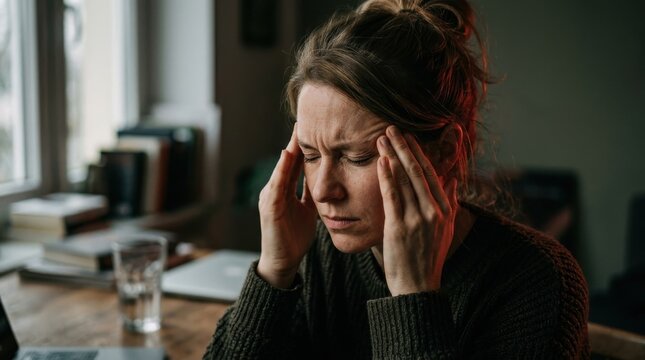 Woman with severe headache pain and stress, migraine symptom portrait with a red glow, medical health anxiety concept, female
