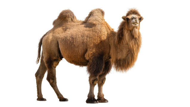 Bactrian camel with two humps furry mane and long legs, isolated on transparent background