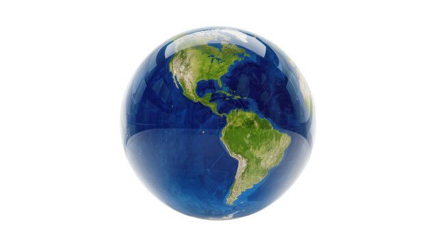 Shiny glass globe showing North and South America, isolated on transparent background