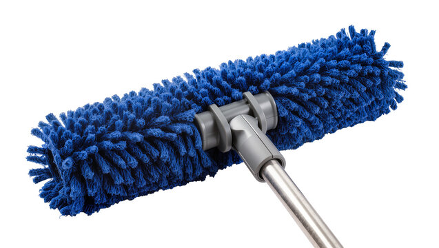 Blue microfiber duster with pivoting head, isolated on transparent background