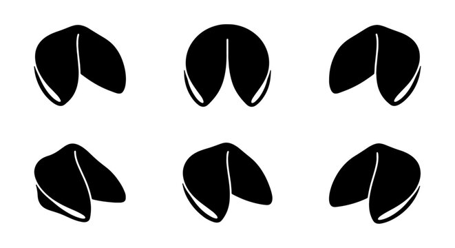 Fortune Cookie Icons, Black Silhouette Vector Graphics, Chinese Food Symbols, Celebration Treats